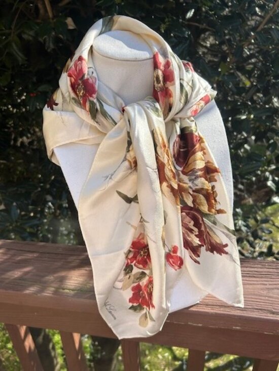 RALPH LAUREN 100% Silk Cream Floral SCARF - Picture 3 of 9